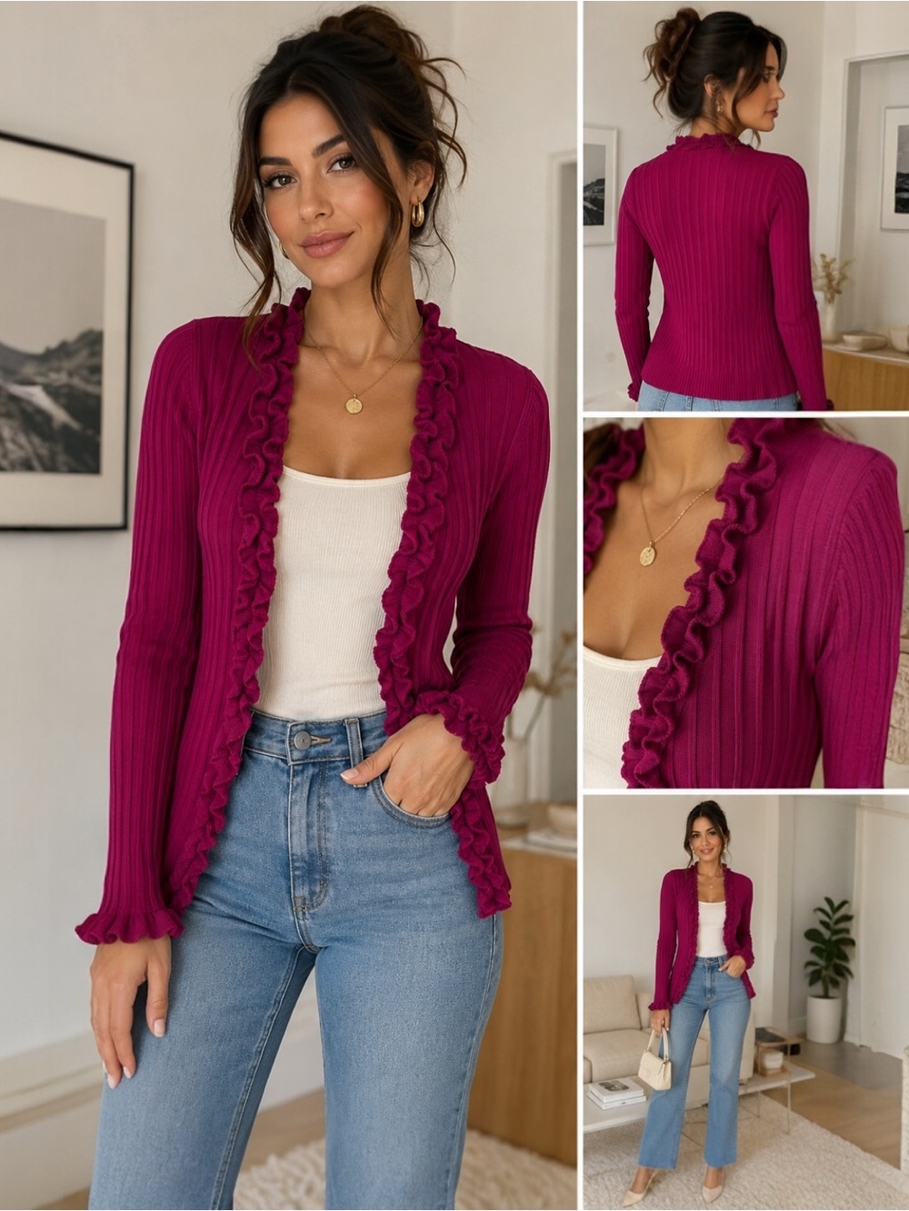 Alfani Petite Magenta Ruffle Open Front Ribbed Cardigan Sweater P/M